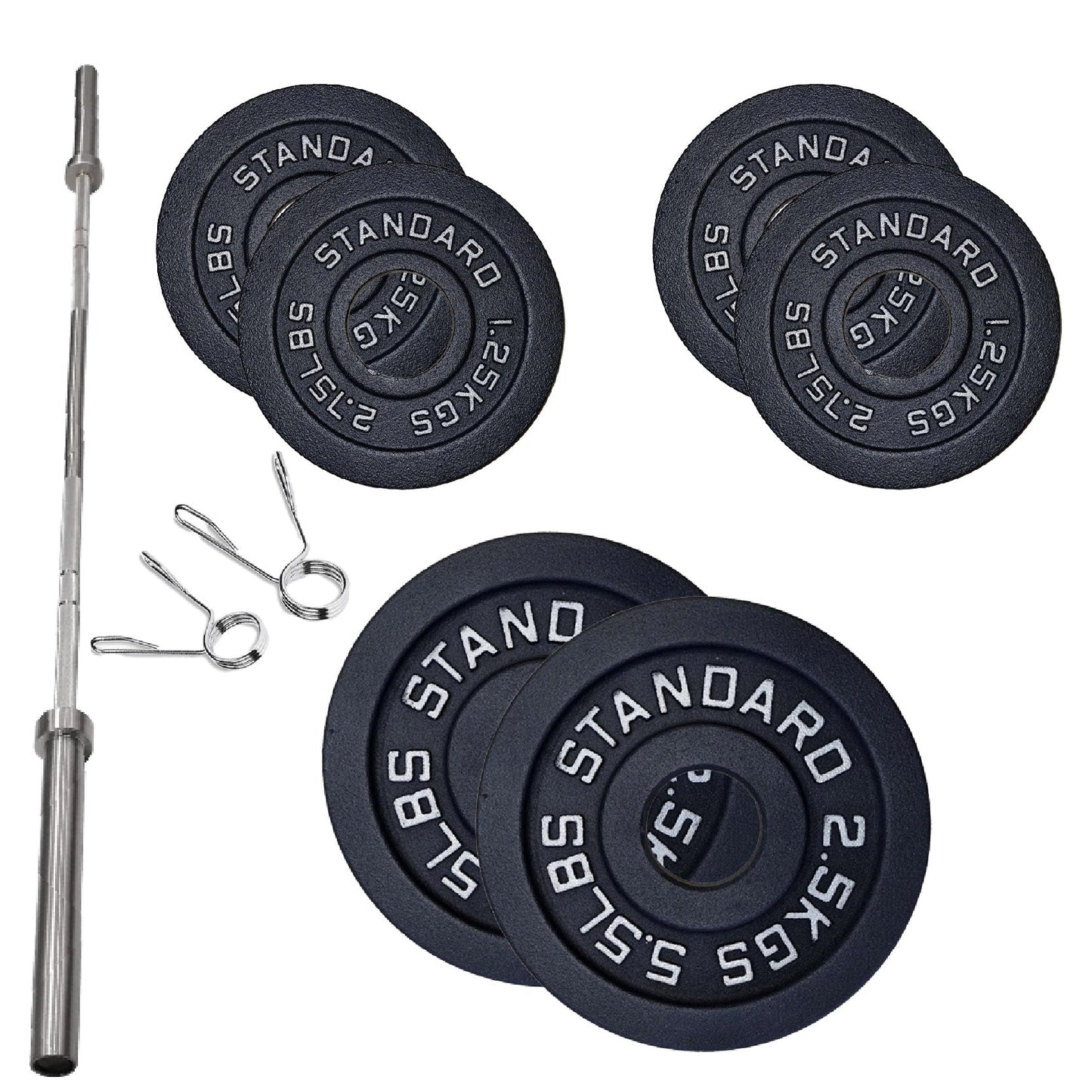 Cast Iron Weight Plates Set and Pair with Olympic Barbell + Clips