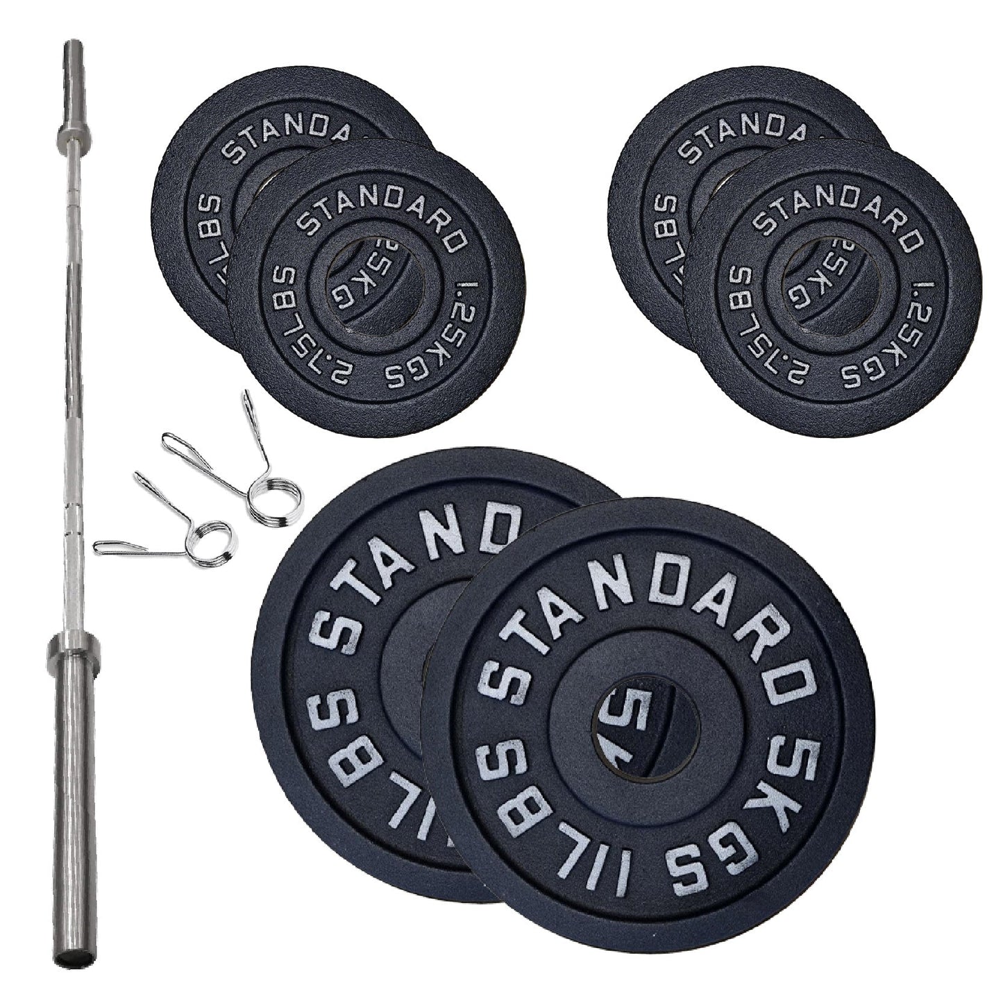 Cast Iron Weight Plates Set and Pair with Olympic Barbell + Clips