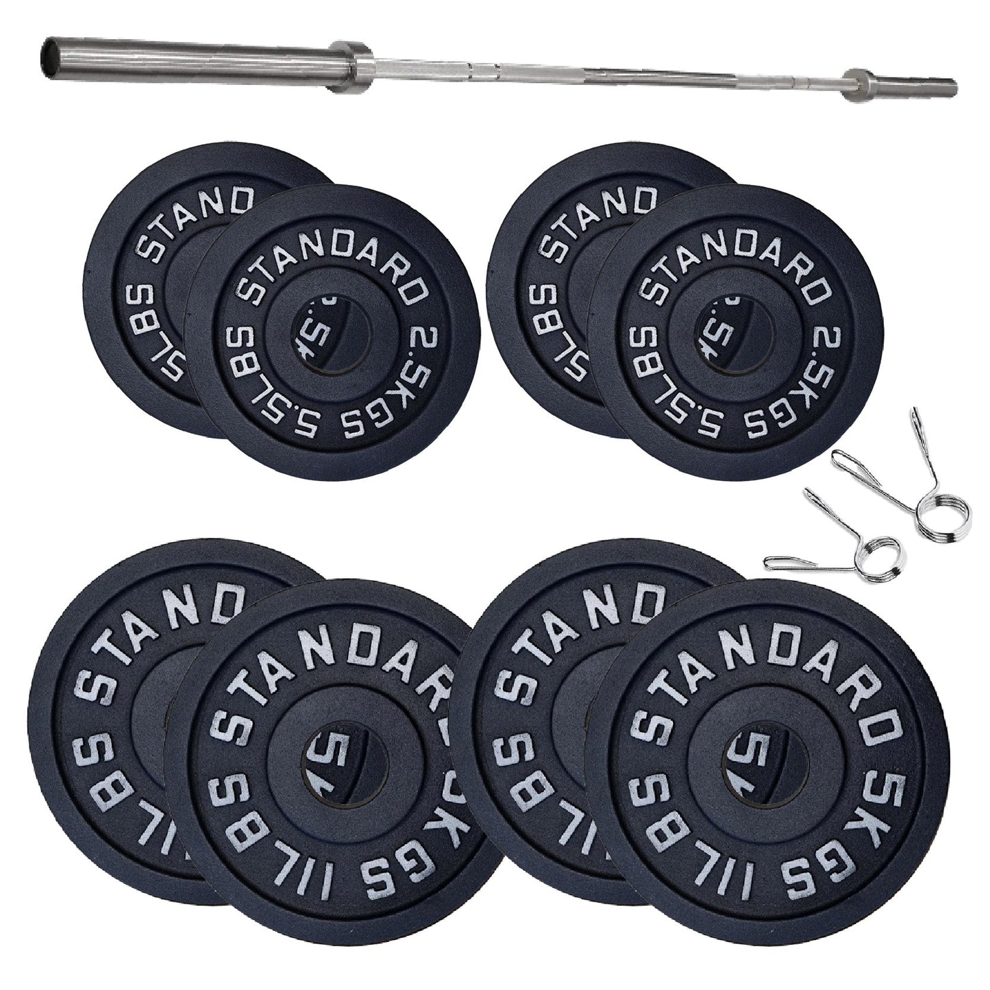 Cast Iron Weight Plates Set and Pair with Olympic Barbell + Clips