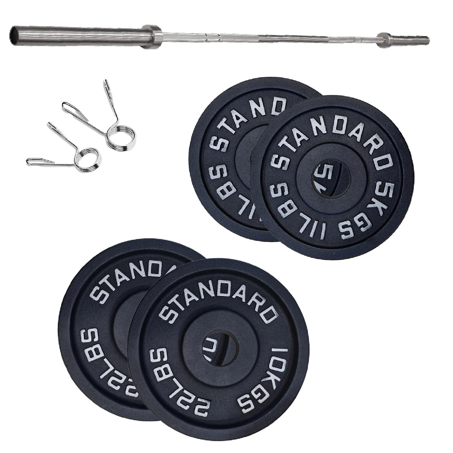Cast Iron Weight Plates Set and Pair with Olympic Barbell + Clips