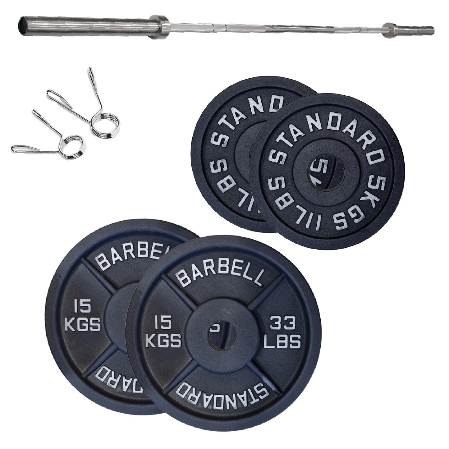 Cast Iron Weight Plates Set and Pair with Olympic Barbell + Clips