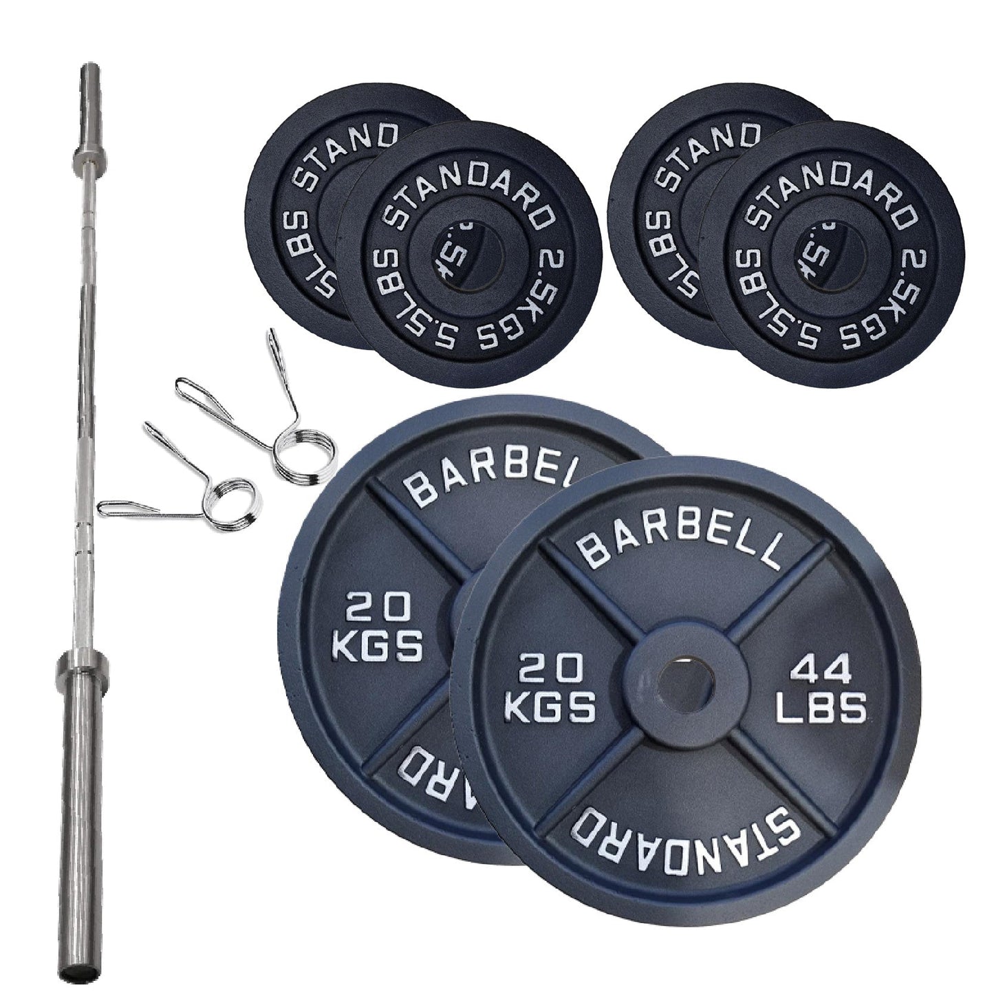 Cast Iron Weight Plates Set and Pair with Olympic Barbell + Clips