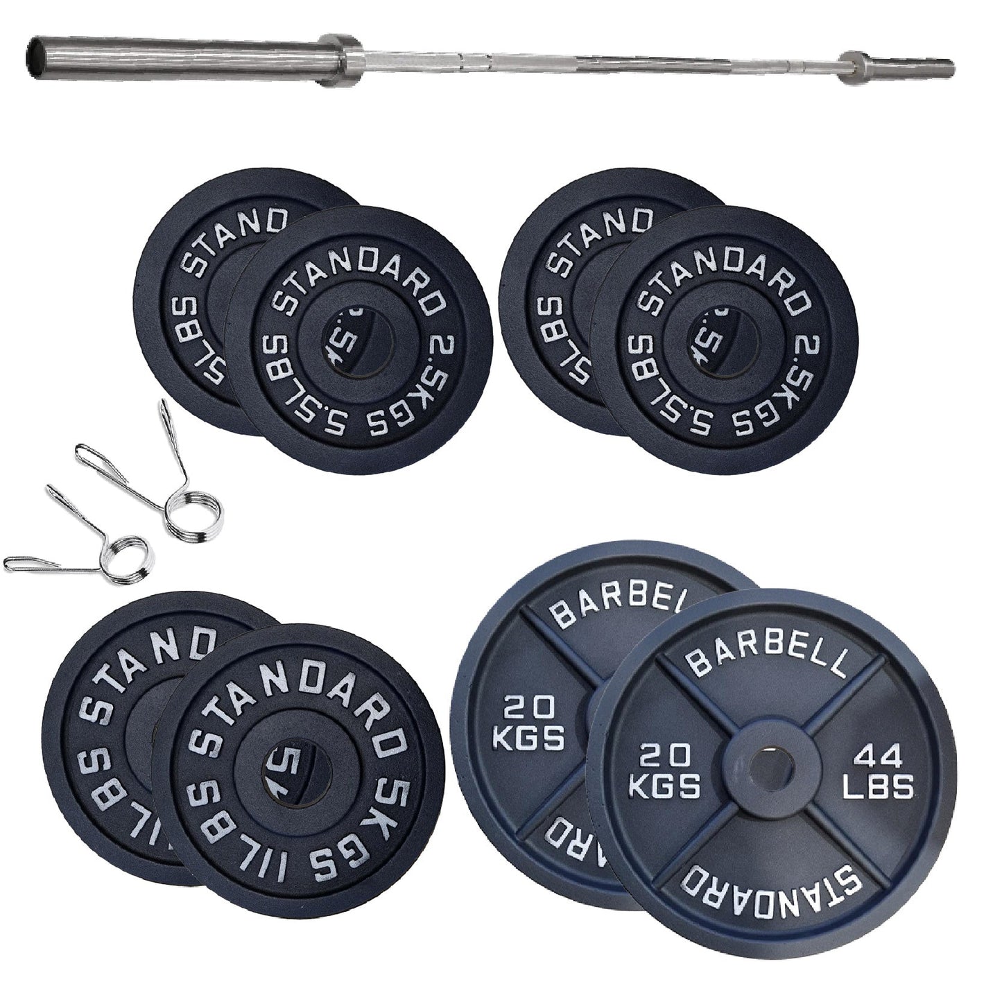 Cast Iron Weight Plates Set and Pair with Olympic Barbell + Clips