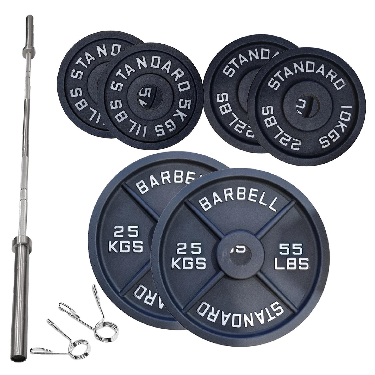 Cast Iron Weight Plates Set and Pair with Olympic Barbell + Clips