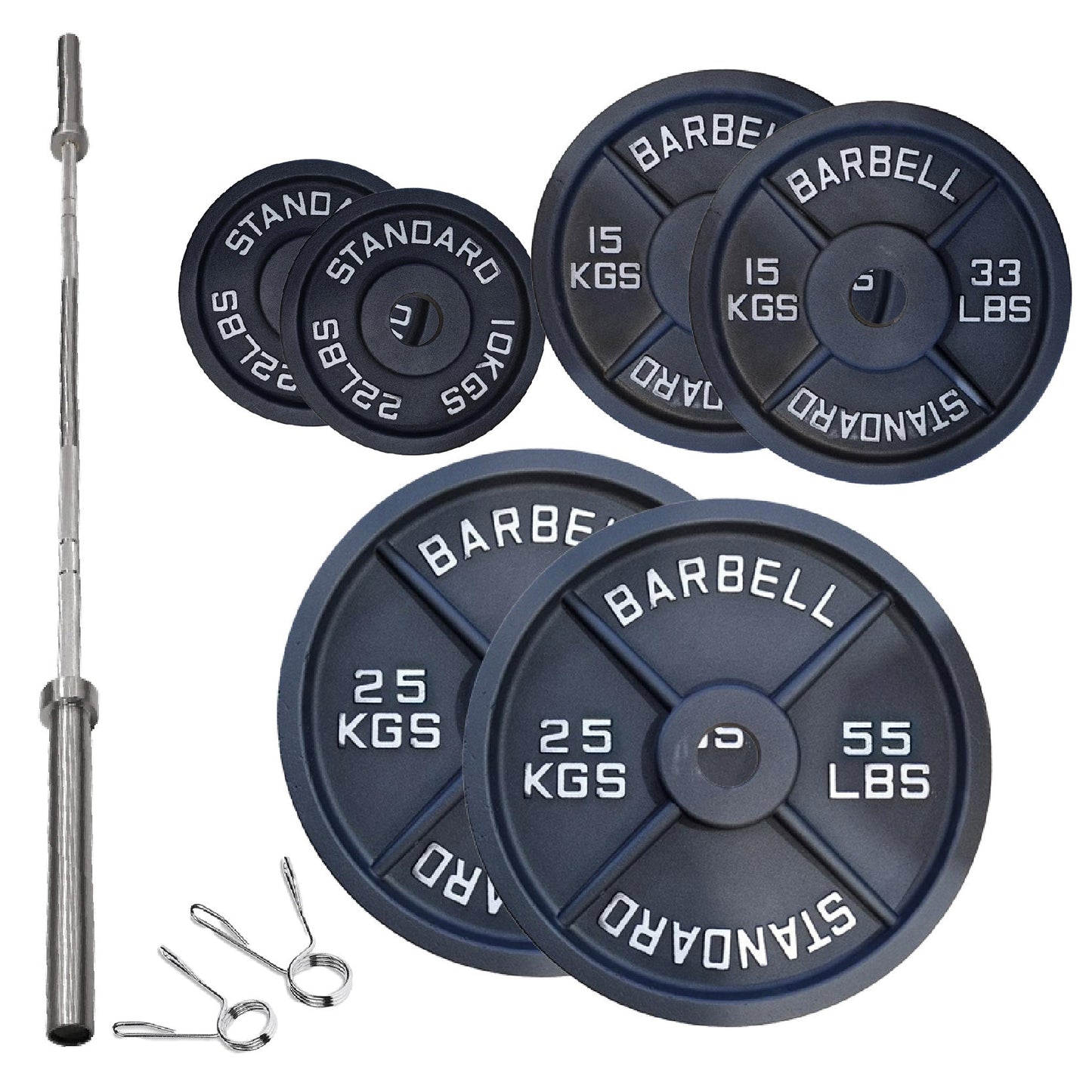 Cast Iron Weight Plates Set and Pair with Olympic Barbell + Clips