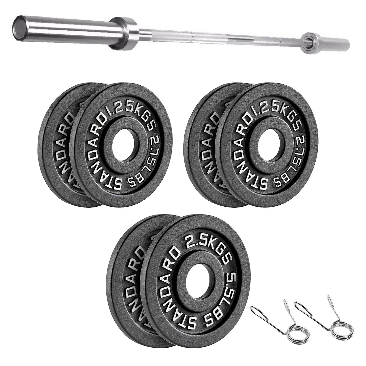 Cast Iron Weight Plates Set and Pair with Olympic Barbell + Clips