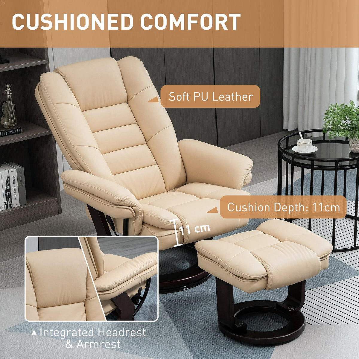 HOMCOM Swivel Manual Recliner and Footrest Set PU Leather Lounge Chair Beige
