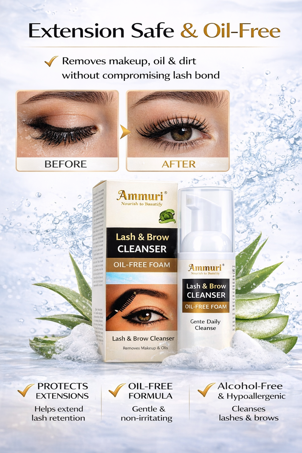 Ammuri Lash & Brow Cleanser Foam – Lash Extension Safe Makeup Remover 50ml