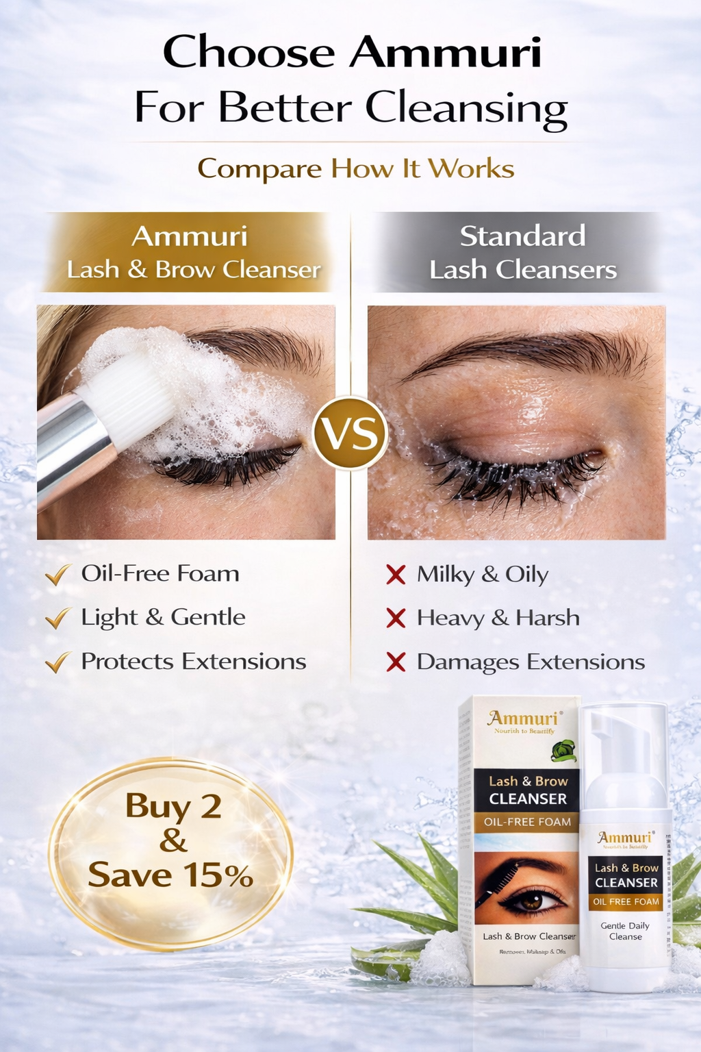 Ammuri Lash & Brow Cleanser Foam – Lash Extension Safe Makeup Remover 50ml