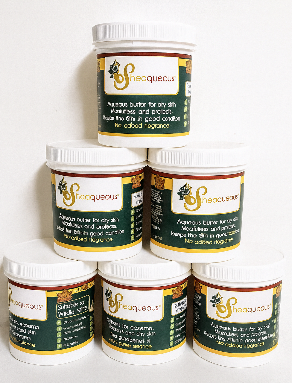 6 Pots of Sheaqueous Aqueous Cream with Organic Shea Butter, Almond Oil, cocoa butter, vitamin E. A natural aqueous cream for very dry skin, for Sensitive Skin, Children, Eczema prone skin , Use in Pregnancy for expanding tummy NO ADDED FRAGRANCE