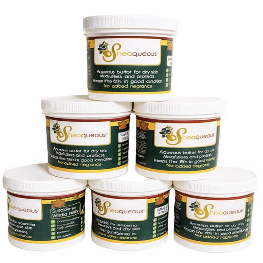 6 Pots of Sheaqueous Aqueous Cream with Organic Shea Butter, Almond Oil, cocoa butter, vitamin E. A natural aqueous cream for very dry skin, for Sensitive Skin, Children, Eczema prone skin , Use in Pregnancy for expanding tummy NO ADDED FRAGRANCE