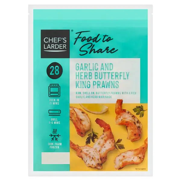 Chefs Larder 28 (approx.) Garlic and Herb Butterfly King Prawns 500g