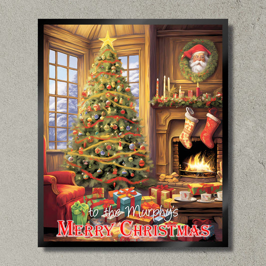 Illuminated Artwork Christmas Illustration "Christmas Tree and Fire" with Personalisation