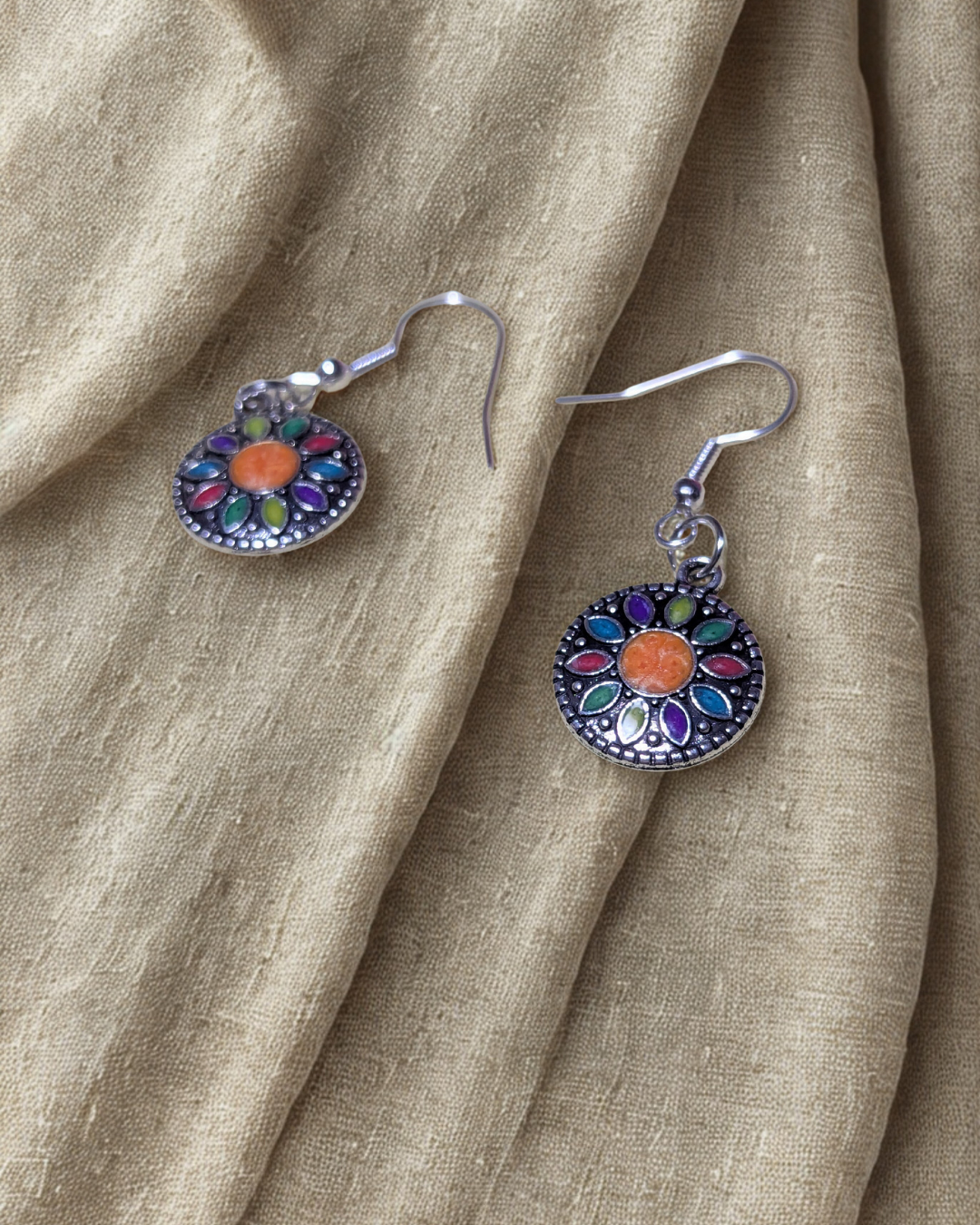 Boho Mandala Dangle Earrings – Multicolour Enamel Disc Drop with Orange Centre