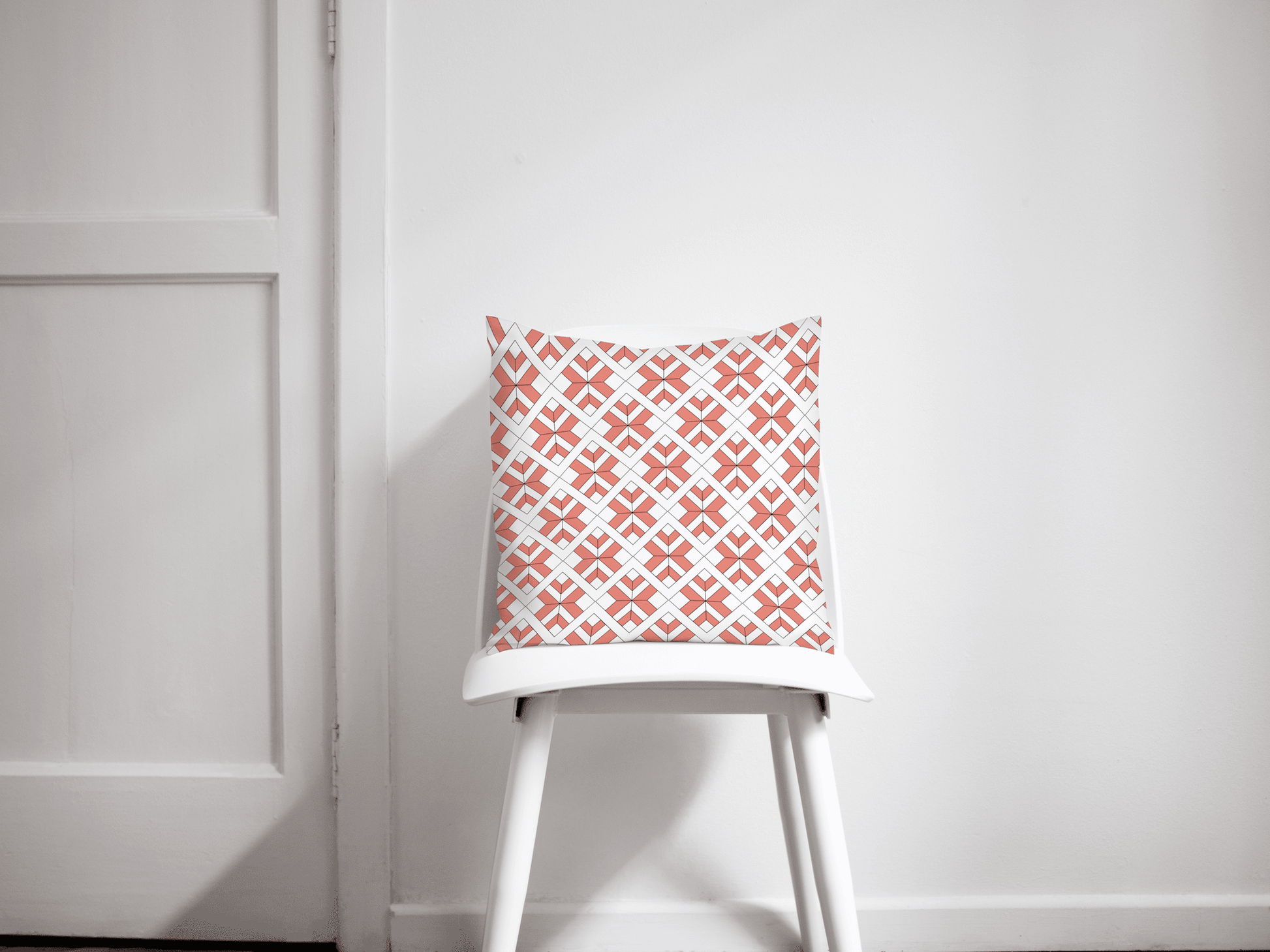 Coral and White Geometric Design Cushion, Throw Pillow