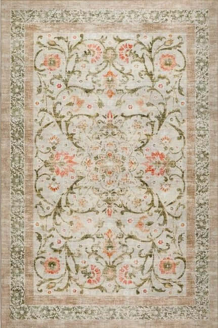 Eco-Washable Beige Rug Flowers Design