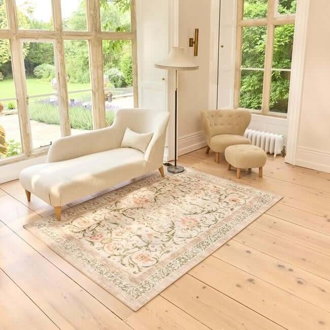 Eco-Washable Beige Rug Flowers Design