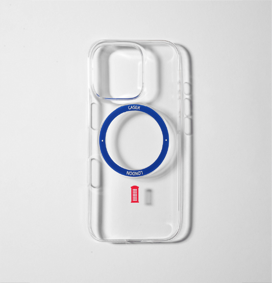 Slim Clear iPhone 16 Pro Case with Royal Blue MagSafe Ring - Telephone Box | The Iconic Slim