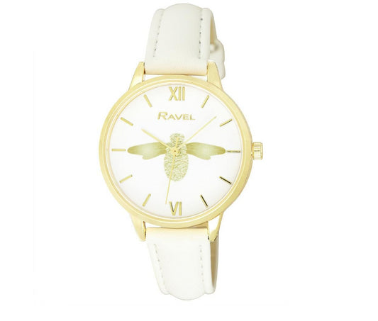 Ravel Ravel Women's Moth Design Dial White Leather Strap Watch RF007.4