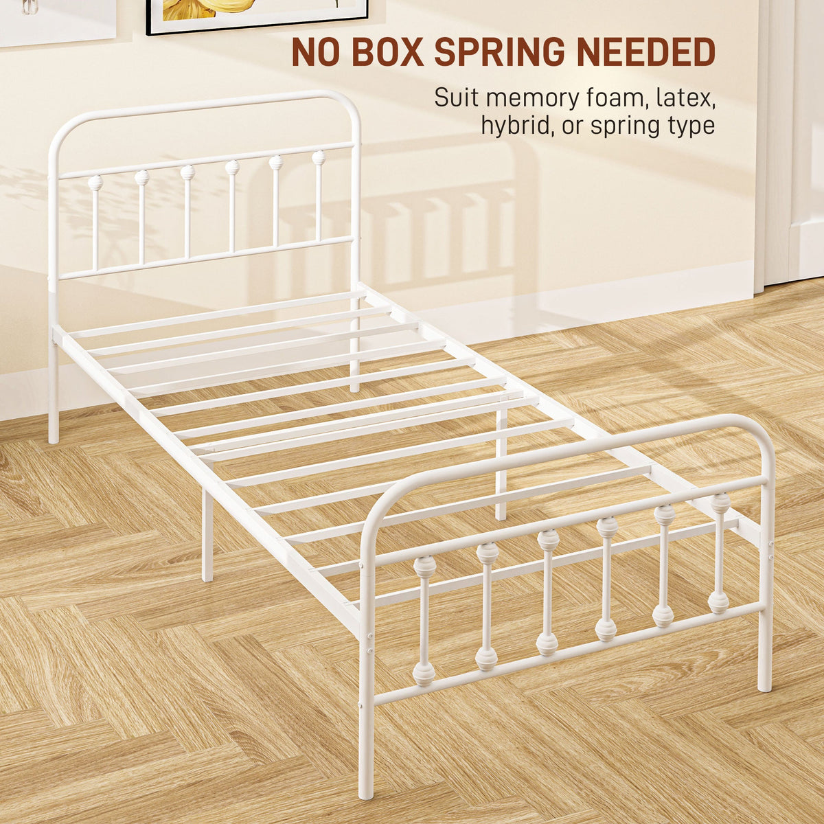 HOMCOM 3ft Metal Single Platform Bed Frame w/ Underbed Storage Headboard White
