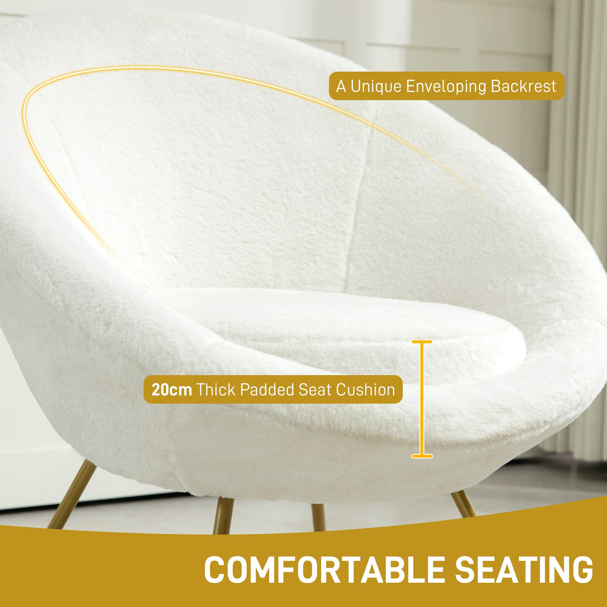 HOMCOM Faux Fur Comfy Chair with Golden Metal Legs, Non-Slip Footpad, White