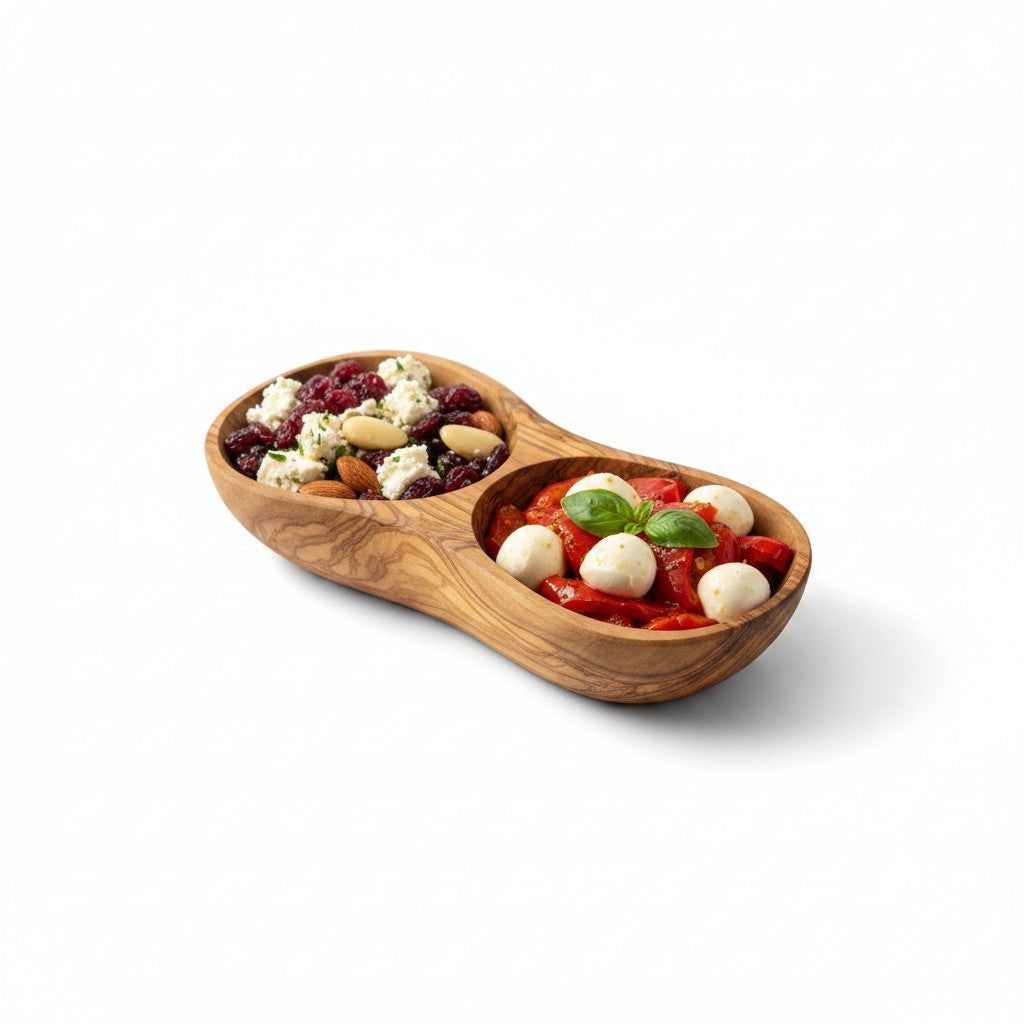 Handcrafted Olive Wood Divided Serving Dish | 2, 3, or 4 Compartment Appetizer Tray | Individual or 3-Piece Set