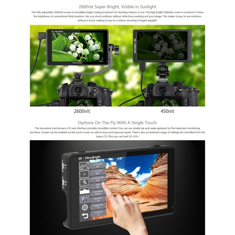 FEELWORLD LUT6 1920x1080 2600 nits 6 inch IPS Screen HDMI 4K Touch Control Camera Field Monitor, LUT6