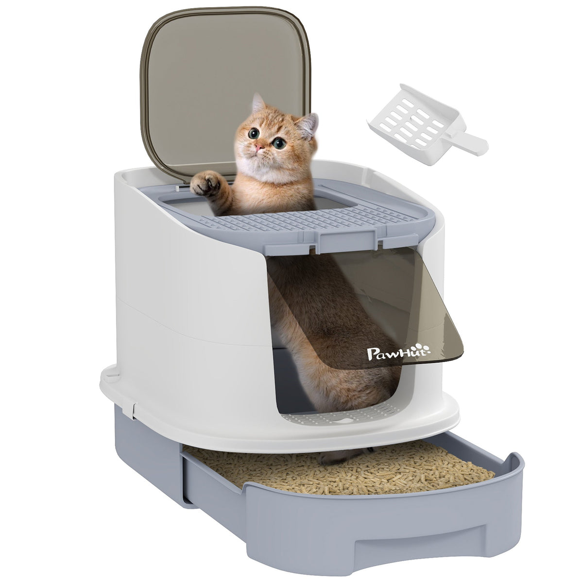 PawHut Cat Litter Box, Hooded Cat Litter Tray with Lid, Scoop, Grey