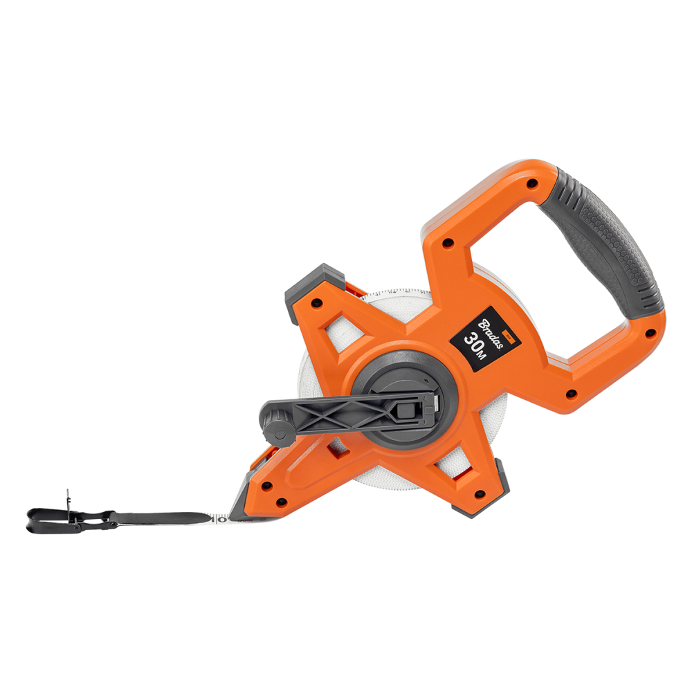 Fibreglass Coiled Tape Measure with Handle, 15mm Wide, Black Orange (30m-100m)
