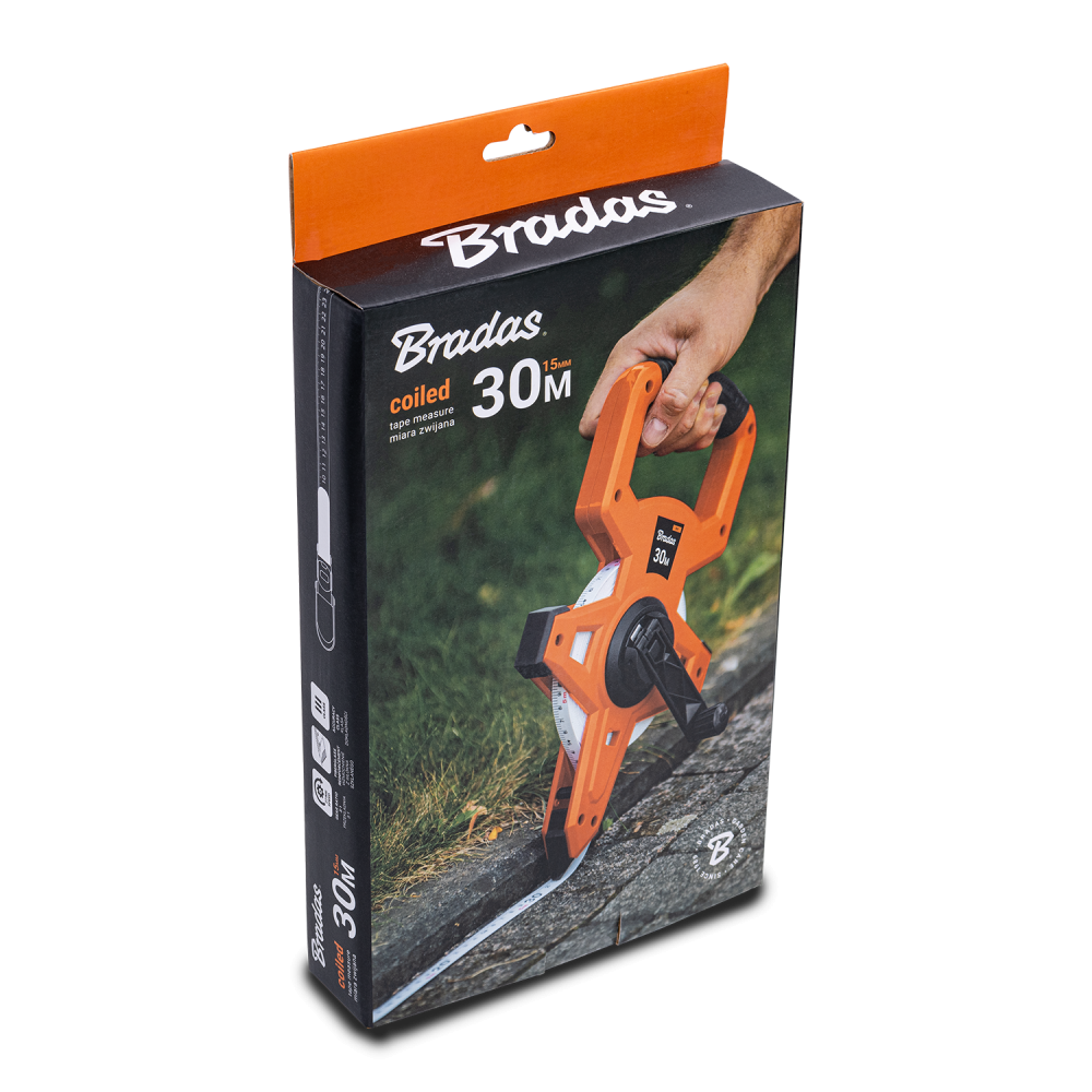 Fibreglass Coiled Tape Measure with Handle, 15mm Wide, Black Orange (30m-100m)