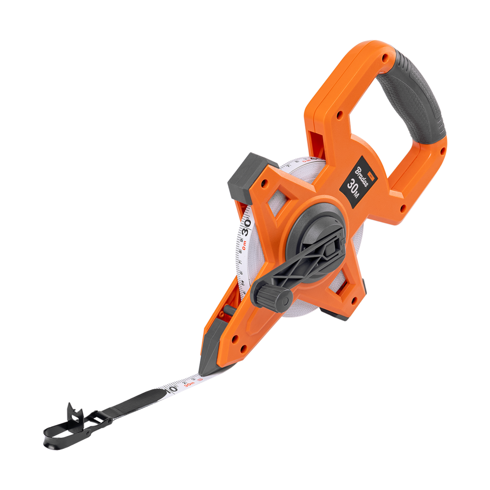 Fibreglass Coiled Tape Measure with Handle, 15mm Wide, Black Orange (30m-100m)