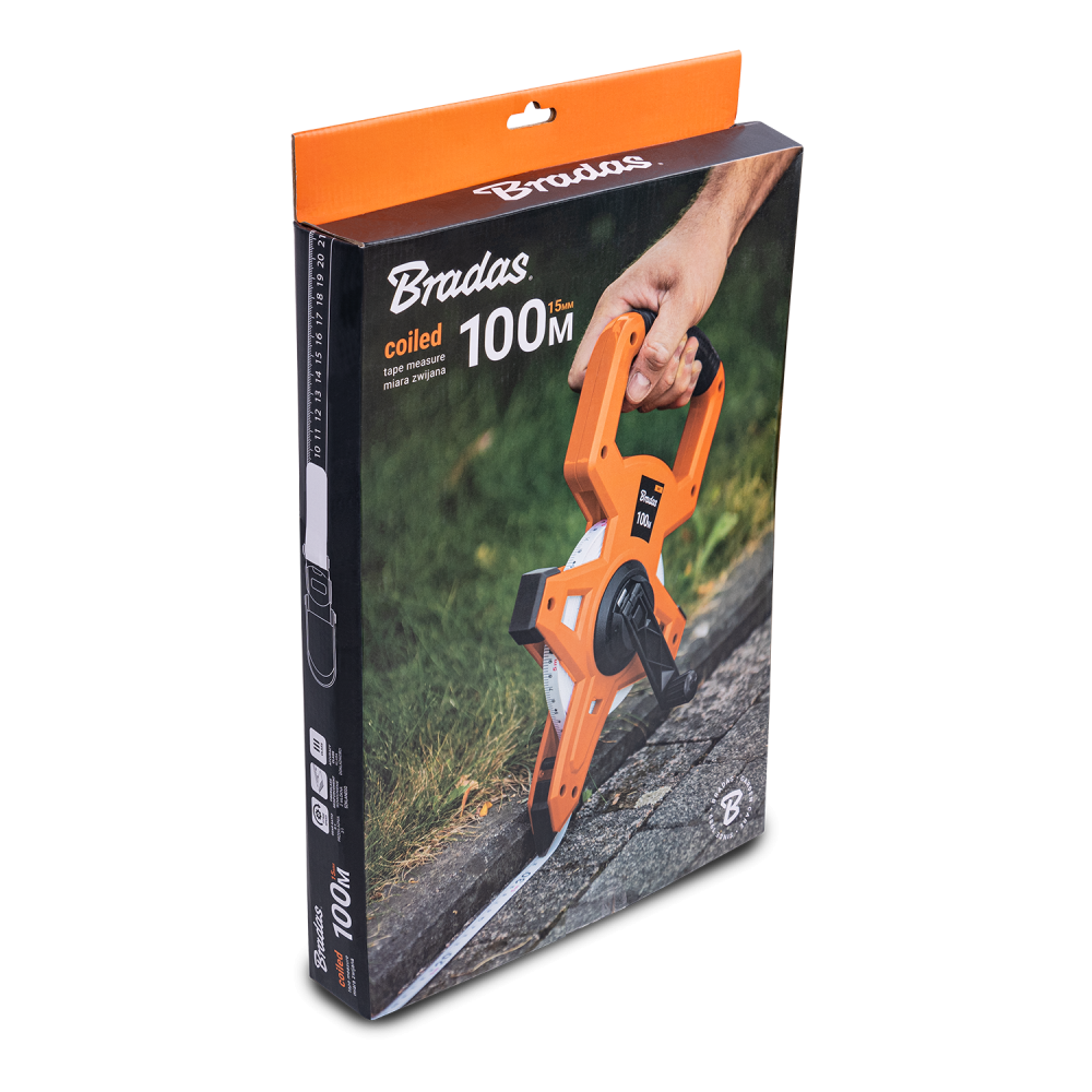 Fibreglass Coiled Tape Measure with Handle, 15mm Wide, Black Orange (30m-100m)