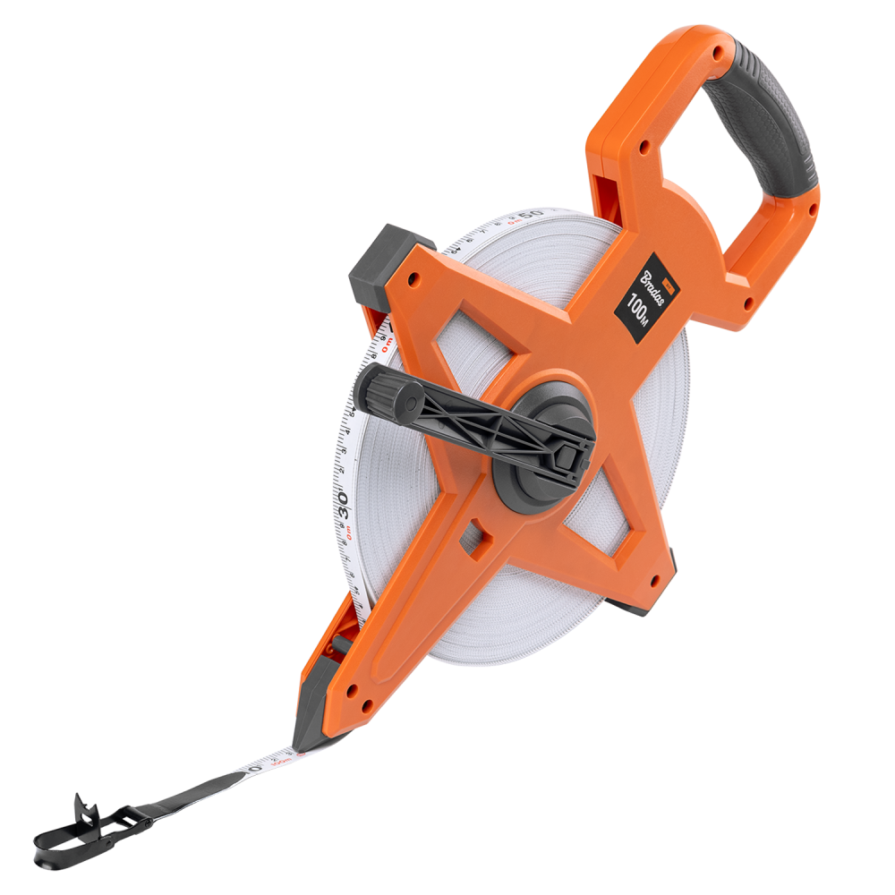 Fibreglass Coiled Tape Measure with Handle, 15mm Wide, Black Orange (30m-100m)