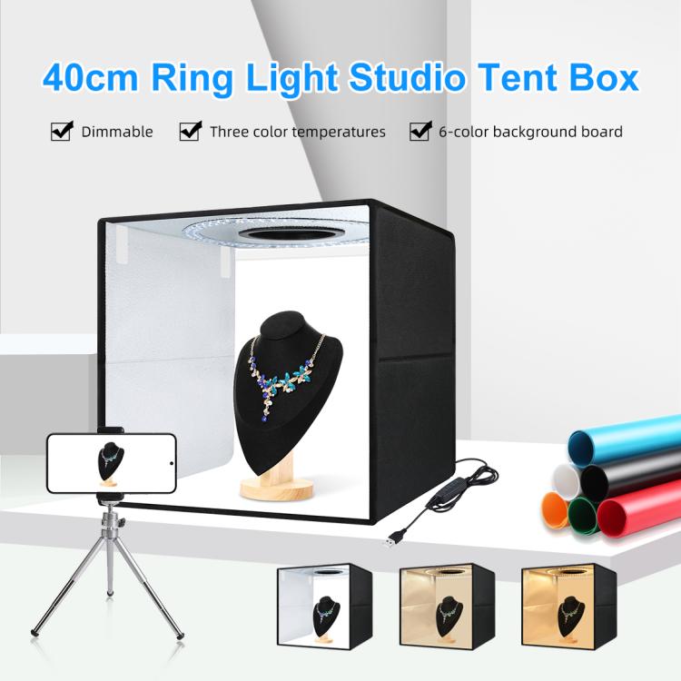 40cm Folding Portable Ring Light USB Photo Lighting Studio Shooting Tent Box with 6 x Color PVC Backdrops, Size: 40cm x 40cm x 40cm, 40cm