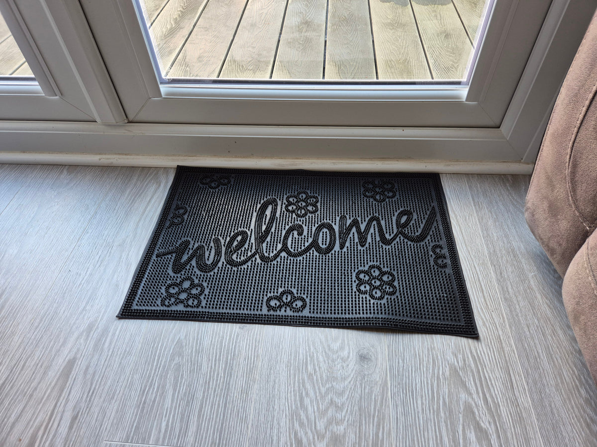 Rubber Doormat 60cm x 40cm - 'Welcome' (Small Flowers)