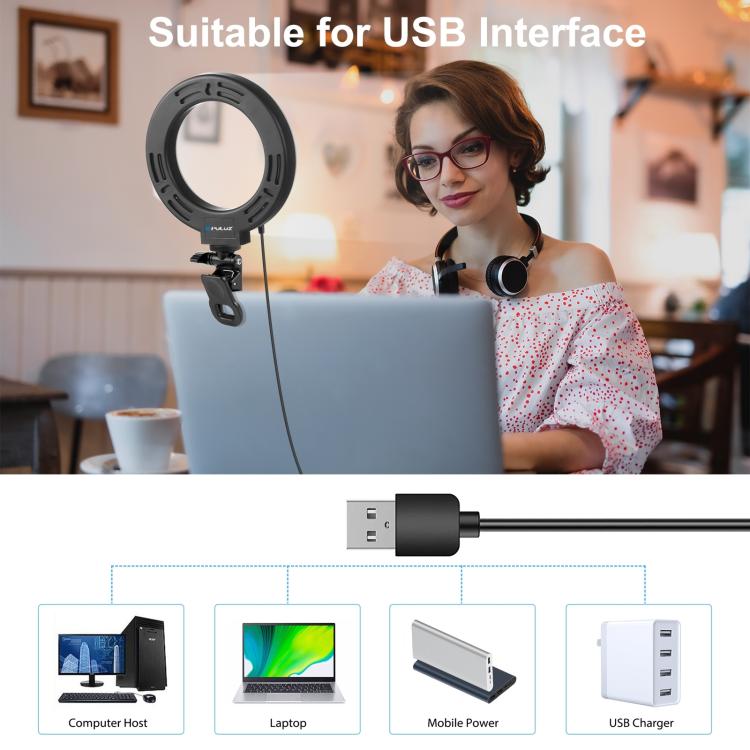 PULUZ 6.2 inch 16cm Ring Selfie Light 3 Modes USB Dimmable Dual Color Temperature LED Curved Vlogging Photography Video Lights with Monitor Clip Holder, 6.2 inch 16cm