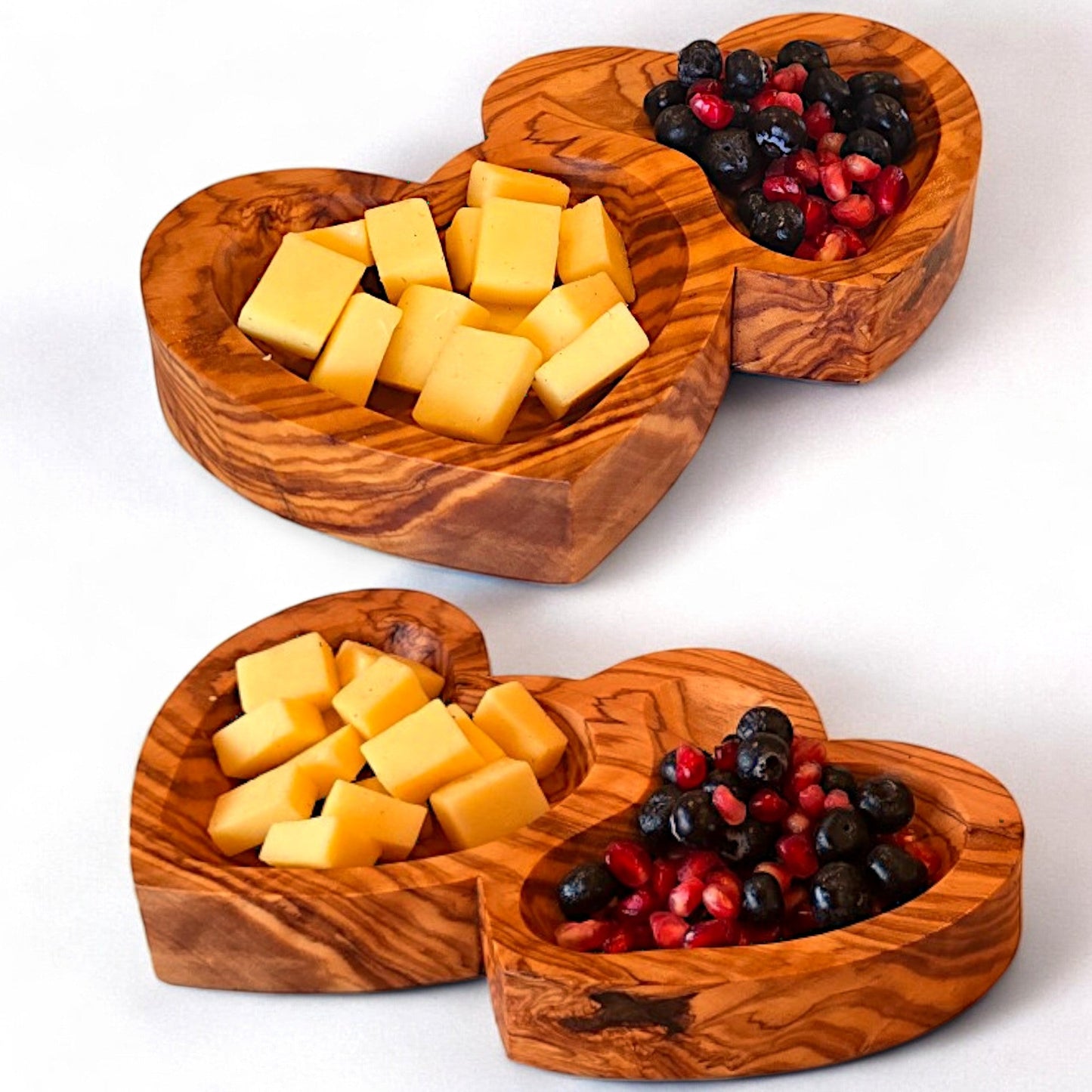 Handcrafted Olive Wood Double Heart Serving Bowl - 21cm 2-Compartment Tray