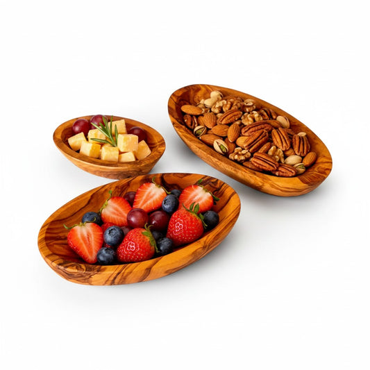 Olive Wood Oval Bowls Set of 3 | 10cm 13cm 16cm Nesting Dipping & Snack Trays