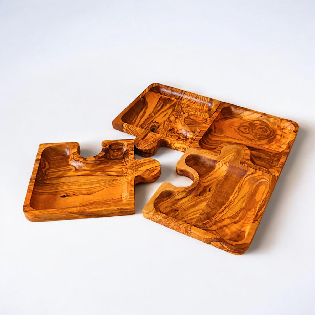 Olive Wood Puzzle Serving Set 4pc | Interlocking Jigsaw Charcuterie Board Tray