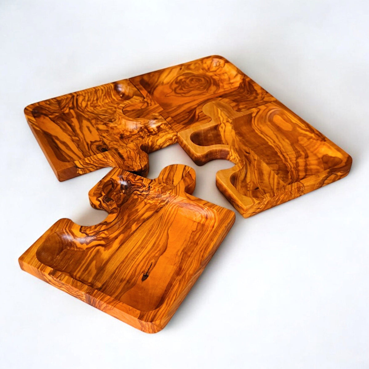 Olive Wood Puzzle Serving Set 4pc | Interlocking Jigsaw Charcuterie Board Tray