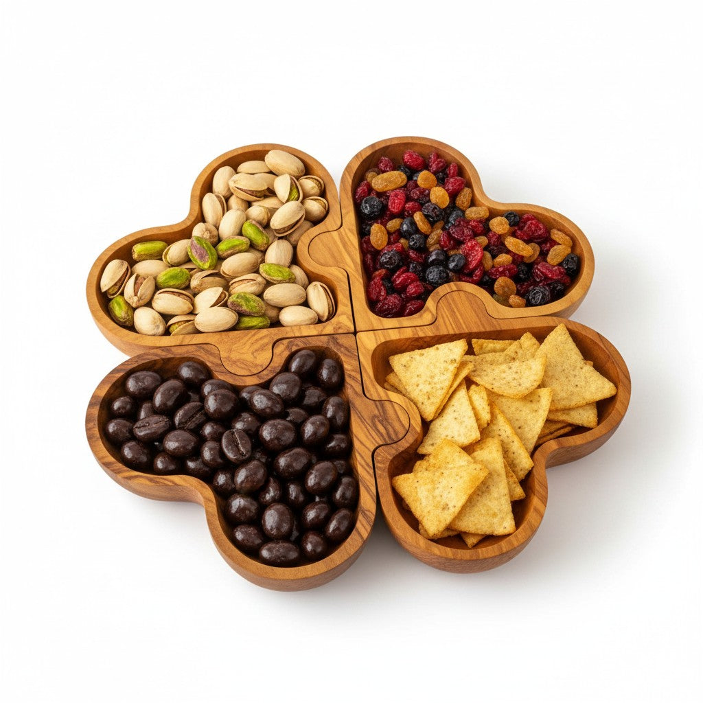 Olive Wood Puzzle Serving Set 4pc | Interlocking Clover Charcuterie Board Tray