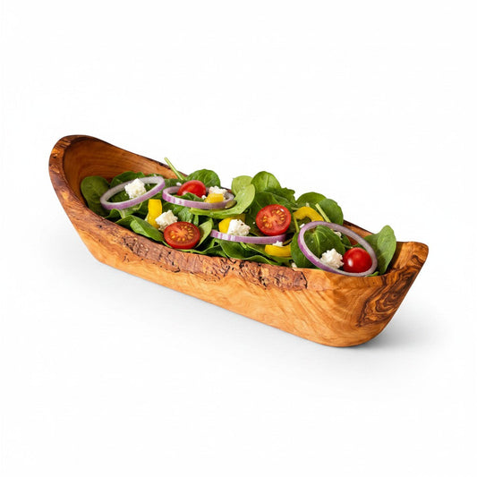 Olive Wood Boat Shaped Serving Bowl | Rustic Wooden Salad & Fruit Platter