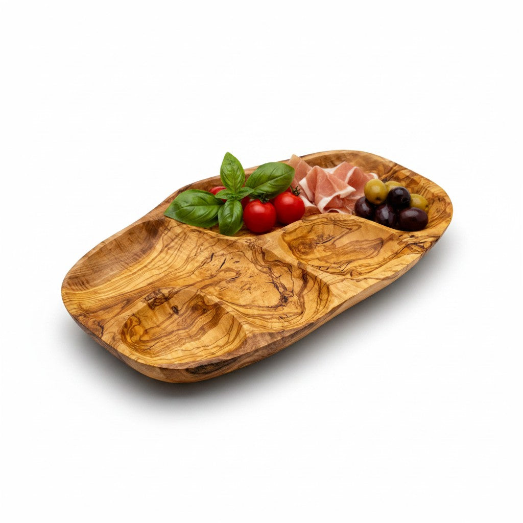 Olive Wood Divided Serving Platter | Multi Section Charcuterie Board Snack Tray