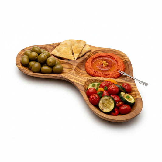 Olive Wood Divided Serving Platter | Multi Section Charcuterie Board Snack Tray