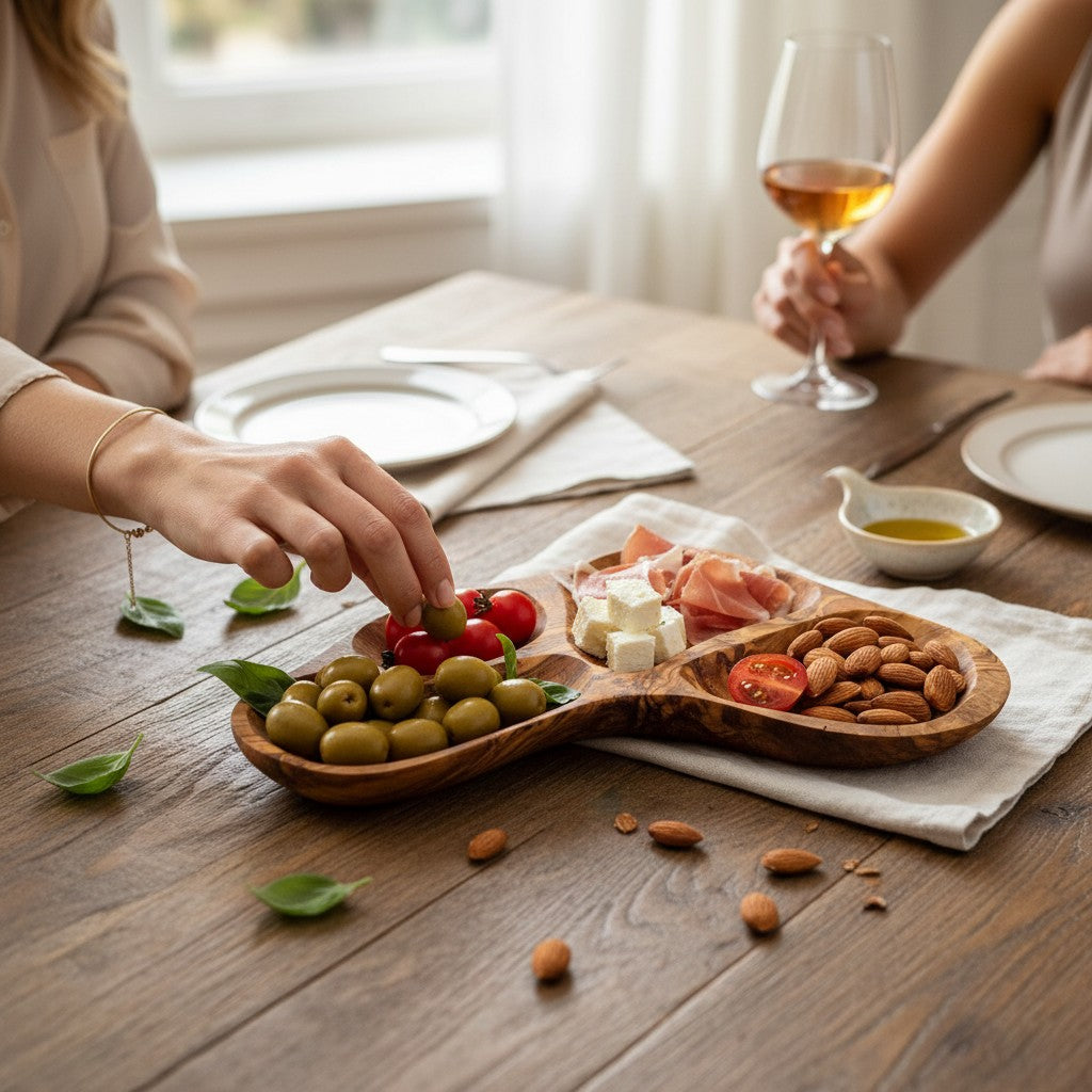 Olive Wood Divided Serving Platter | Multi Section Charcuterie Board Snack Tray