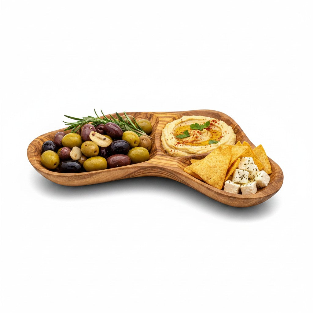 Olive Wood Divided Serving Platter | Multi Section Charcuterie Board Snack Tray