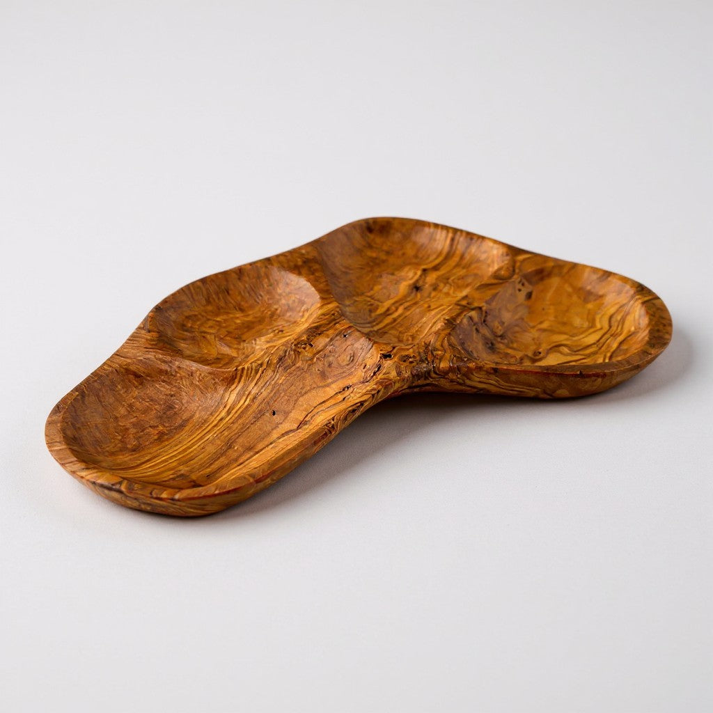 Olive Wood Divided Serving Platter | Multi Section Charcuterie Board Snack Tray