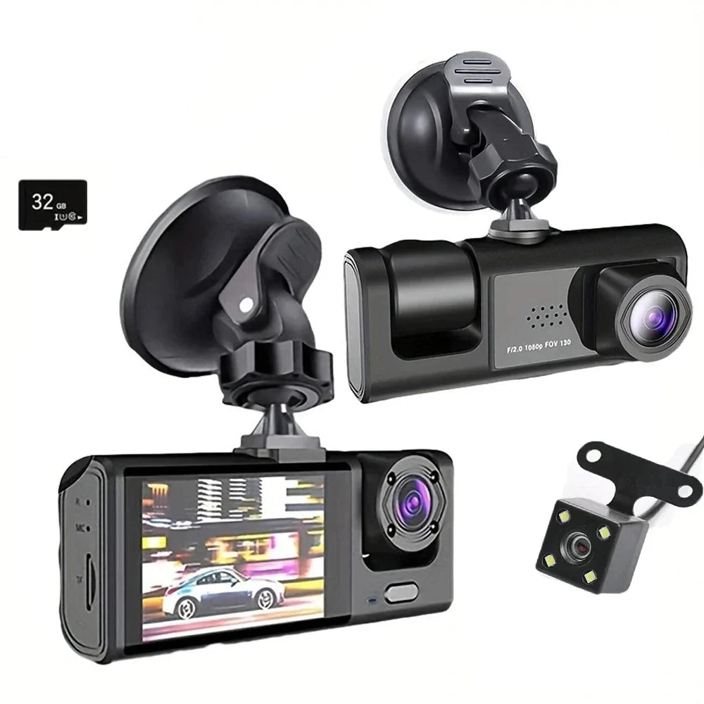 Dash Cam W/ IR Night Vision Loop Recording & 2" IPS Screen 1080P 3 Camera