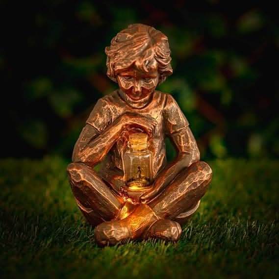 Solar Boy with Firefly Jar Garden Ornament LED Lantern Statue