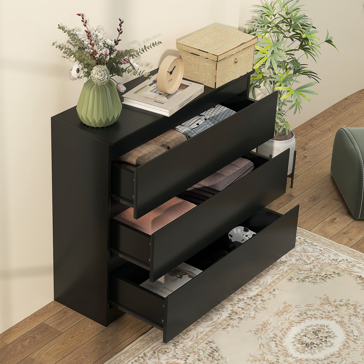 HOMCOM Chest of Drawers, 3 Drawer Storage Cabinet Unit for Bedroom, Black